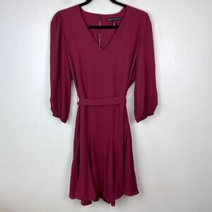 White House Black Market Elbow-Sleeve Godet Dress in Pinot V-neck‎ 3/4 Sleeve 0